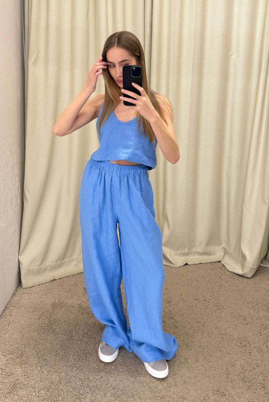 Брюки широкие изо льна LIGHT BLUE