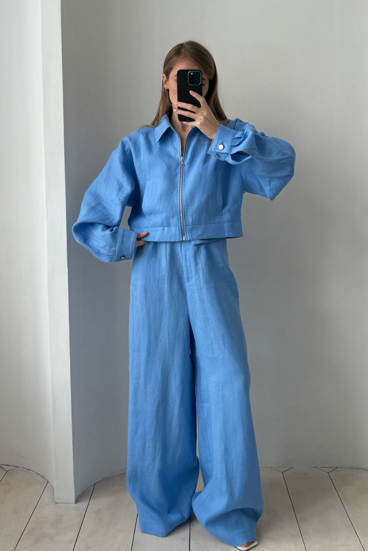 Брюки широкие на высокой посадке изо льна LIGHT BLUE