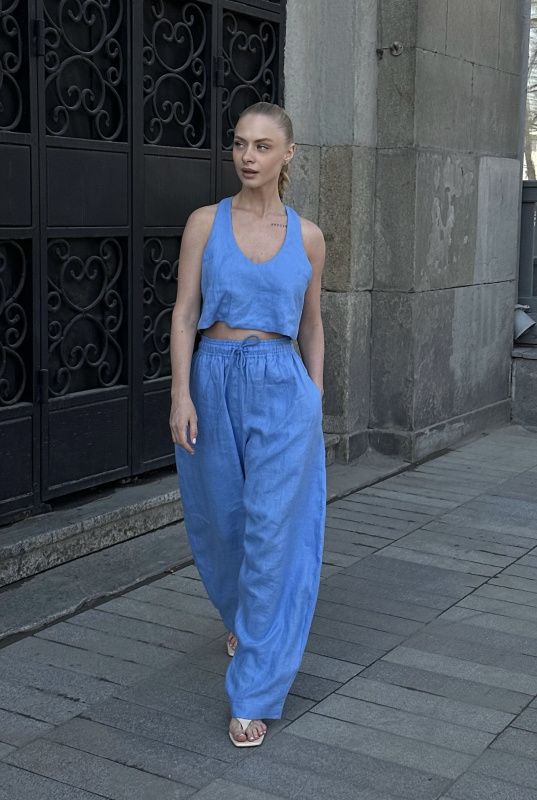 Брюки "бананы" изо льна LIGHT BLUE