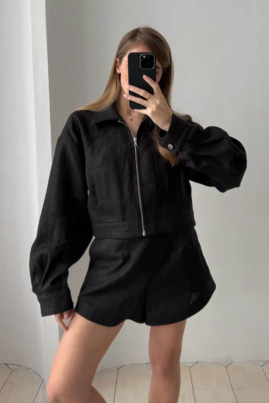 Шорты на высокой посадке изо льна BLACK