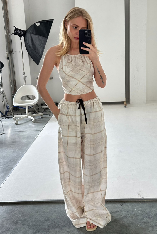 Топ на завязках из хлопка в клетку BEIGE