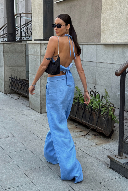 Брюки широкие на высокой посадке изо льна LIGHT BLUE