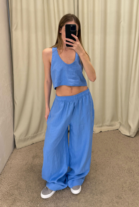 Брюки широкие изо льна LIGHT BLUE